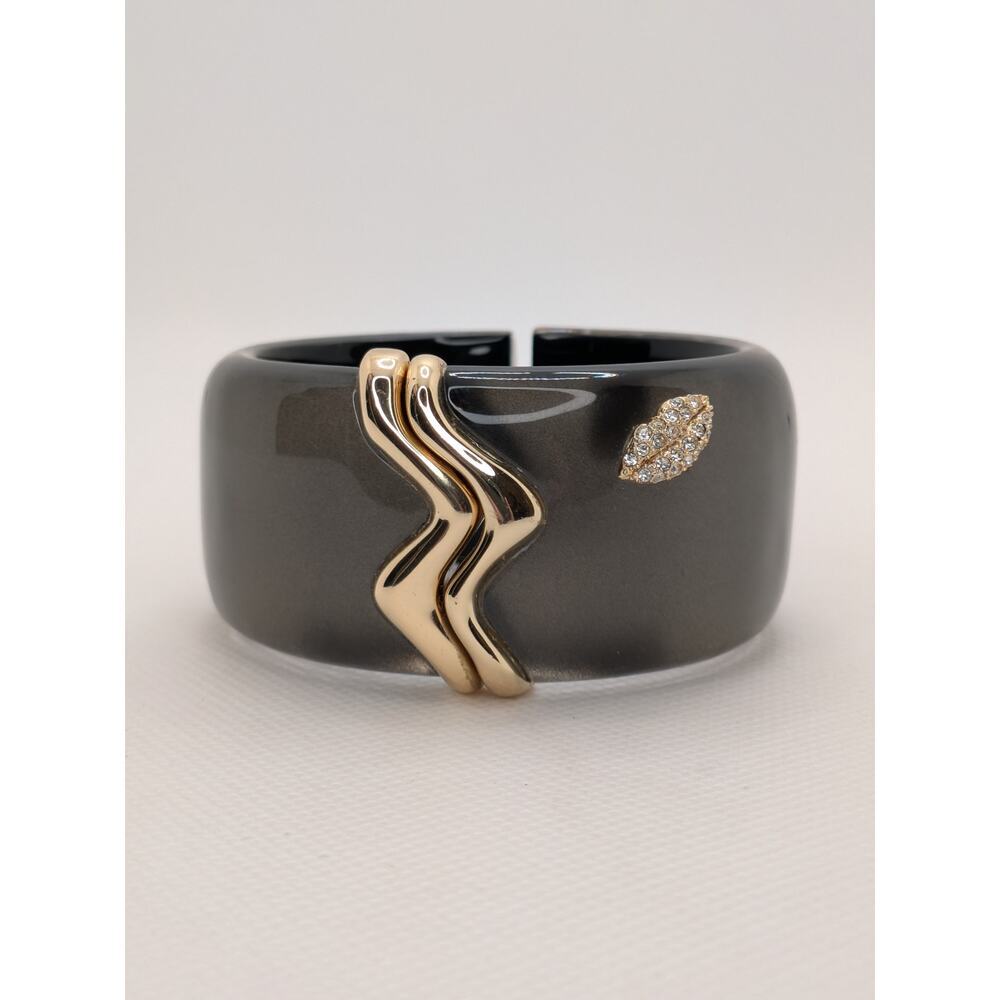 Alexis Bittar Large Grey Kiss Hinge Rhinestone Bangle Bracelet Size 6.75"
